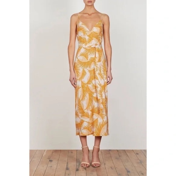 Shona Joy Phoenix Midi Slip Dress in Yellow/ Stone Belted Feather Print Size 6 - Picture 1 of 13